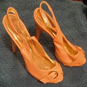 Delicious Women's 8 Rose Pink with Gold Buckle Open Toe Slingback Heel